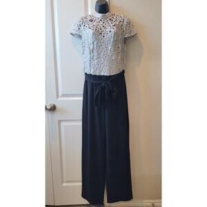 Premier Amour Women High Neck Short Sleeve Jumpsuit with Grey Lace Bodice Sz12
